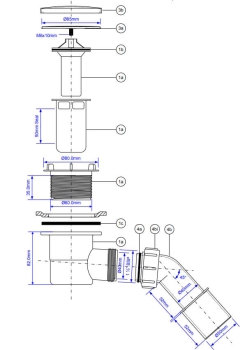 Preview: echnische Zeichnung des Duschablaufs Ø60 mm mit 82 mm Bauhöhe – schematische Darstellung von Siphon und Ablaufbogen mit Maßangaben, Draufsicht und Seitenprofil